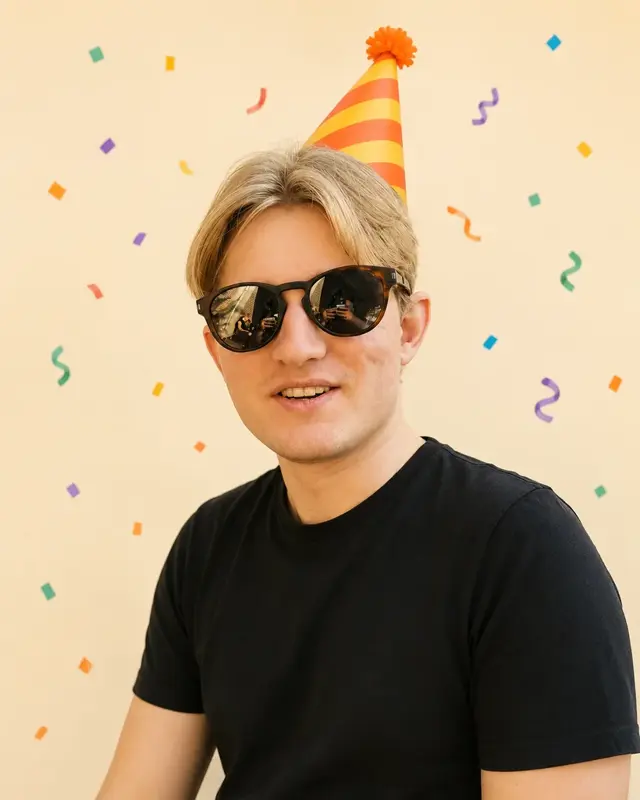 Torstein, founder of Birthdaypage.app, in a party hat