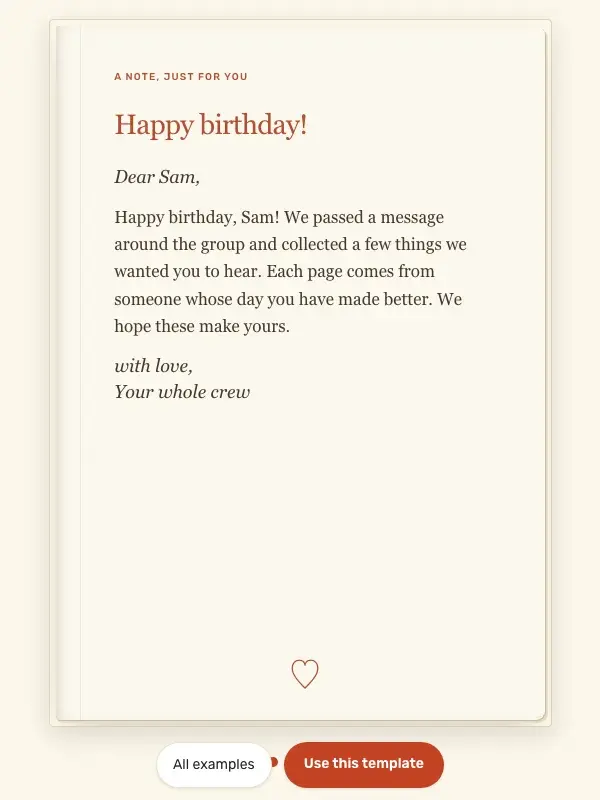 A page from each of us: the actual birthday card preview for Sam